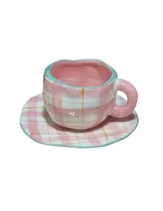 Taza de Cerámica Ligera de Lujo Rosa a Cuadros T-00023-4