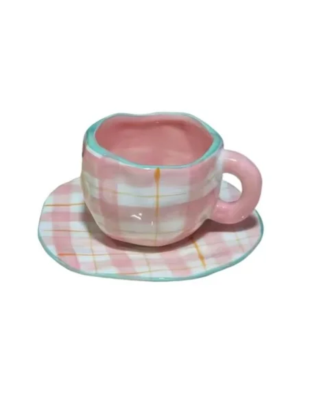 Taza de Cerámica Ligera de Lujo Rosa a Cuadros T-00023-4