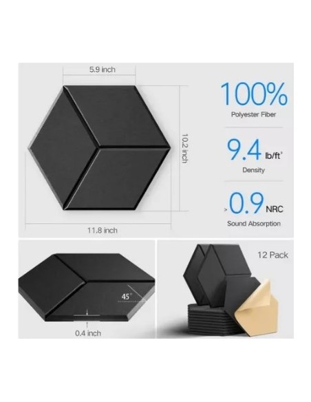 Panel Acústico Hexagonal Autoadhesivo Negro Grafito Pack X12 XSJ-10178